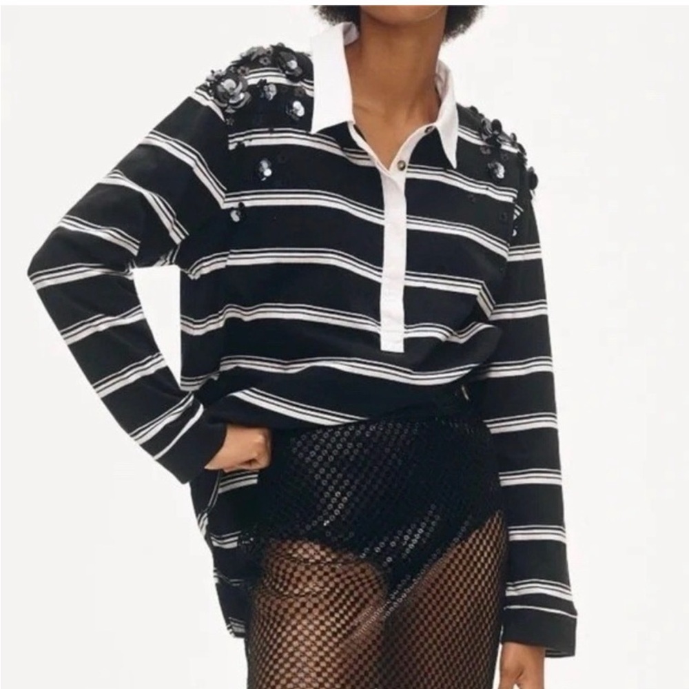 Anthropologie Maeve It Girl Polo Top Womens XS Black White Striped Sequin Rugby